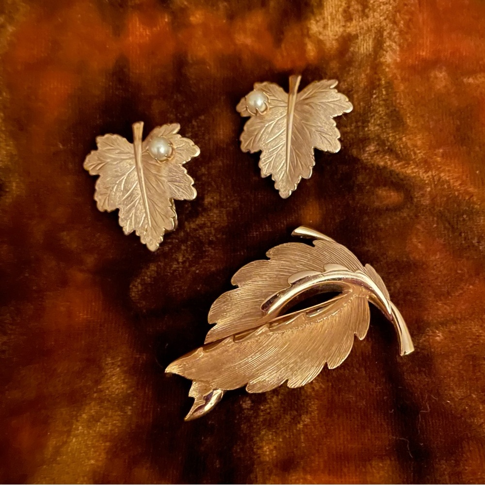 Combo Vintage Metal Earrings & Brooch, Leaves, Sarah Coventry and Monet
